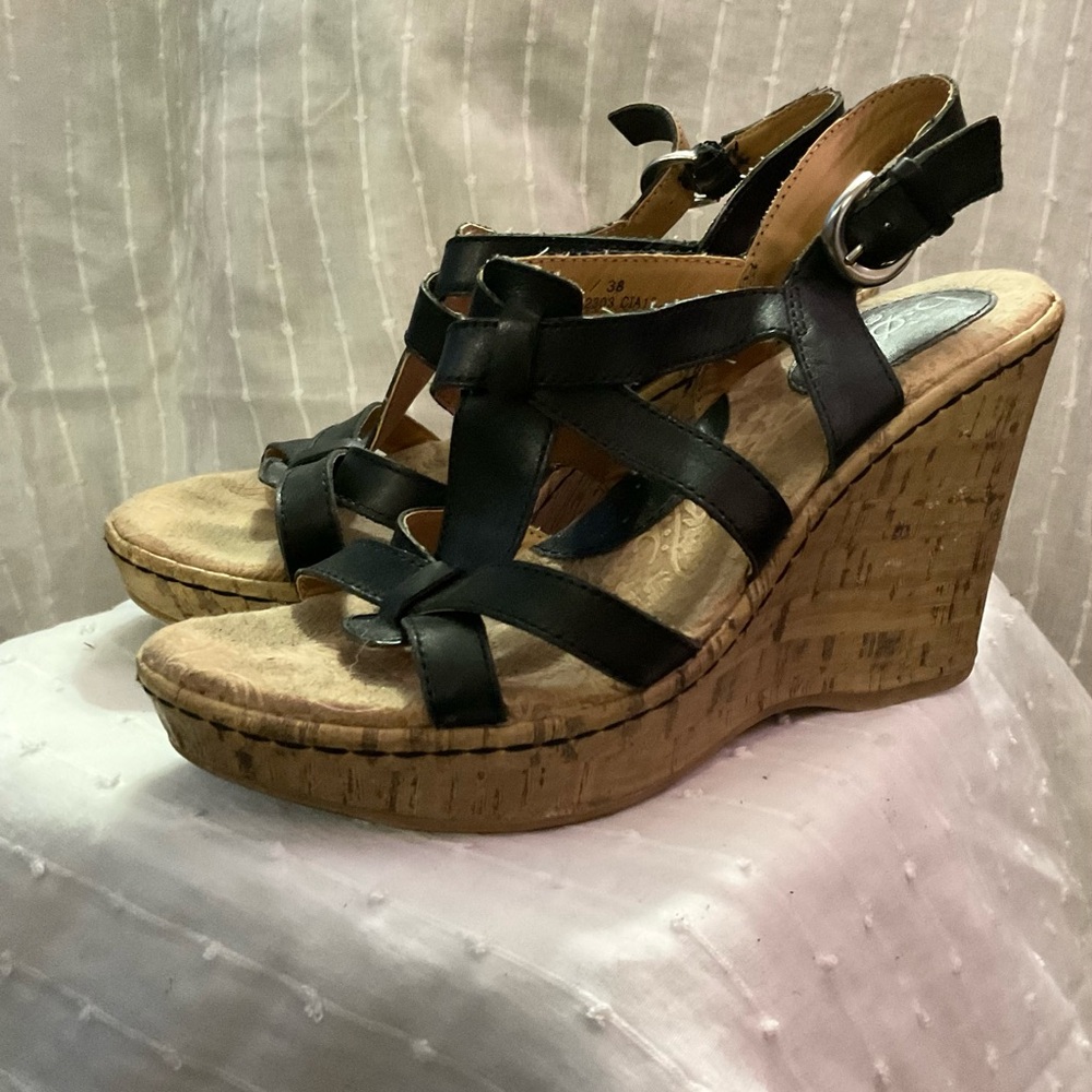 BOC Black and Tan Strappy Wedge Sandals